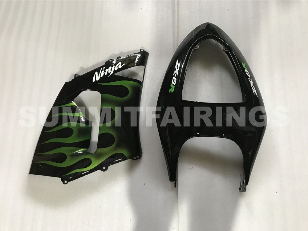Fairings For Kawasaki ZX6R 636 Black & Green Flame Ninja (2005-2006)