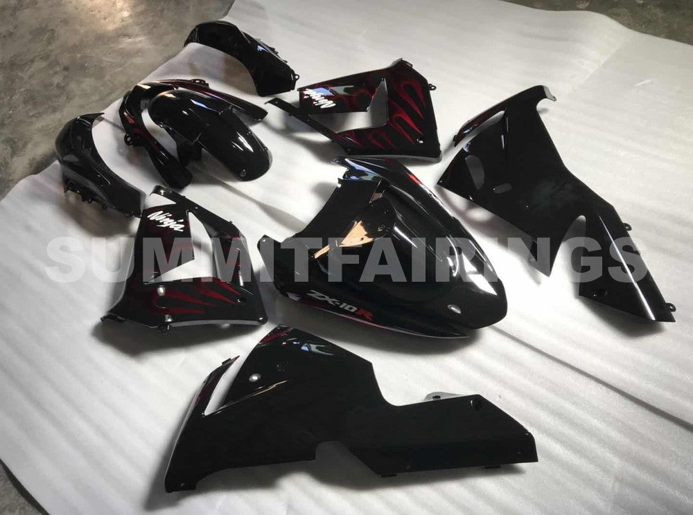 Fairings For Kawasaki ZX 10R Black & Red Flame Ninja (2004-2005)