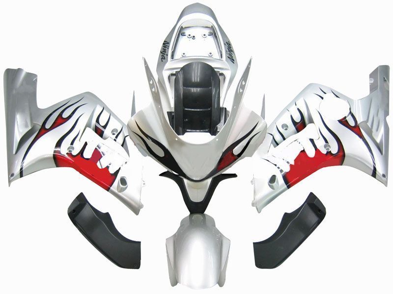 Fairings For Kawasaki ZX6R 636 Silver & Red Flame Ninja (2003-2004)
