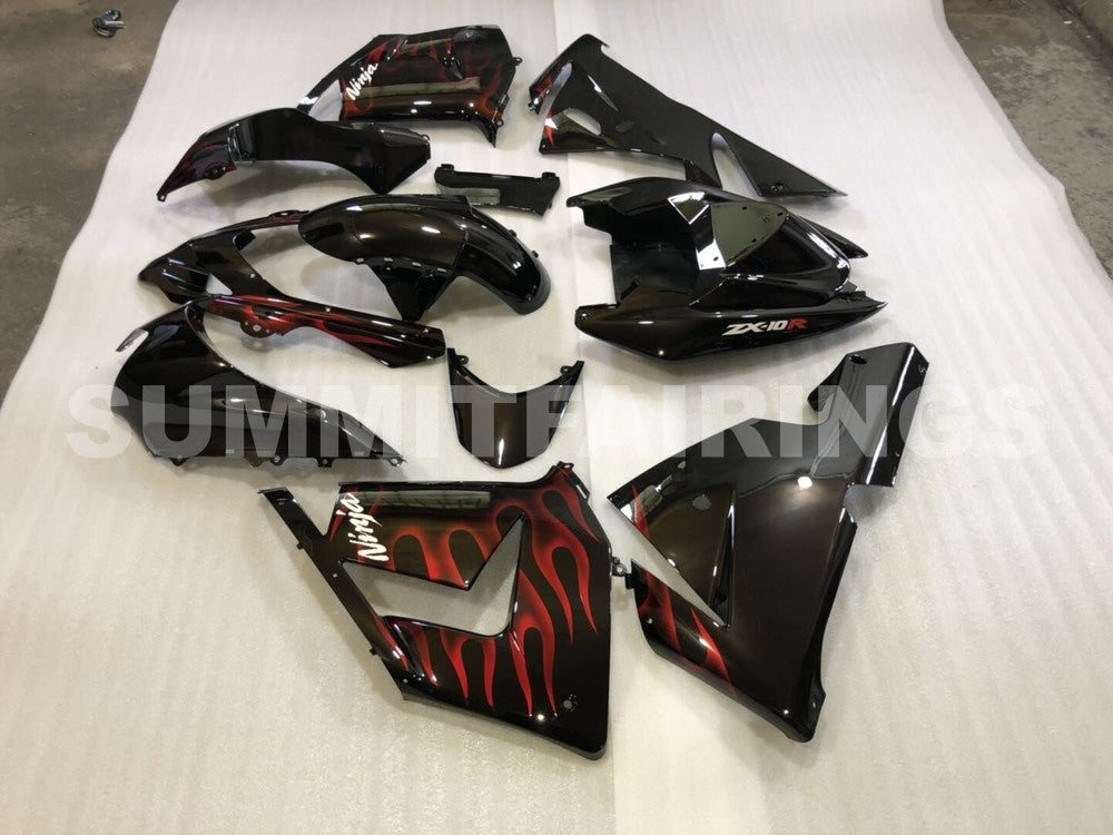 Fairings For Kawasaki ZX 10R Black & Red Flame Ninja (2004-2005)