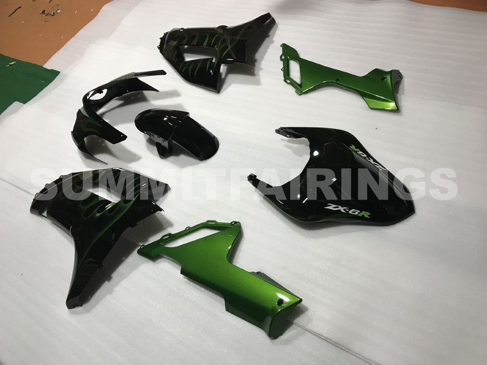 Fairings For Kawasaki ZX6R ZX636 Black & Green Flame Ninja (2007-2008)