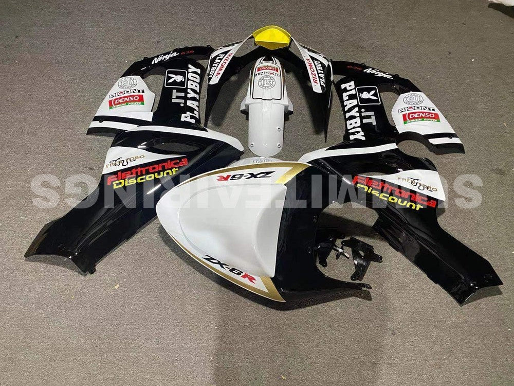 Fairings For Kawasaki ZX6R 636 Black White Yellow (2005-2006)