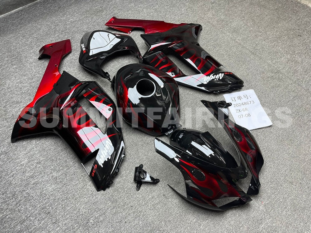 Fairings For Kawasaki ZX6R ZX636 Black & Red Flame Ninja (2007-2008)