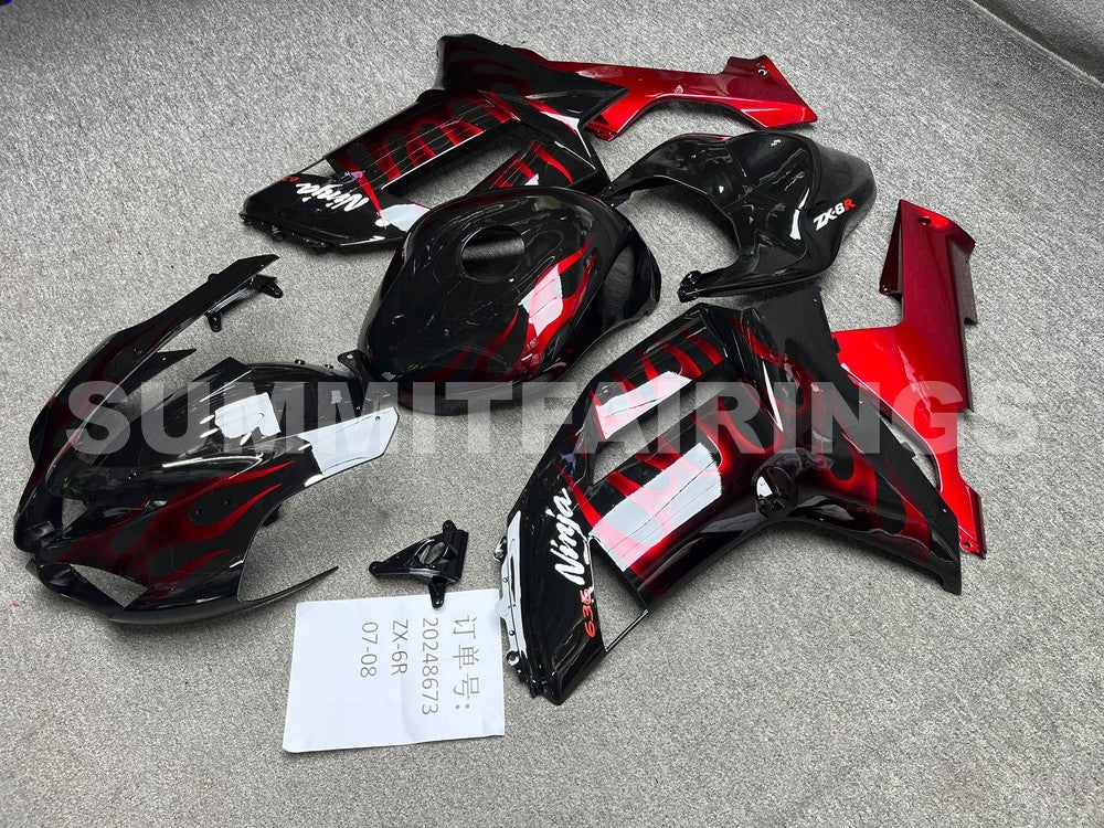 Fairings For Kawasaki ZX6R ZX636 Black & Red Flame Ninja (2007-2008)