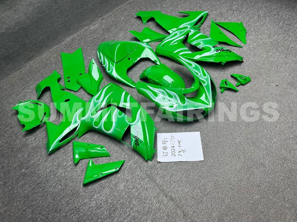 Fairings For Kawasaki ZX 10R Green & White Flame Ninja (2006-2007)