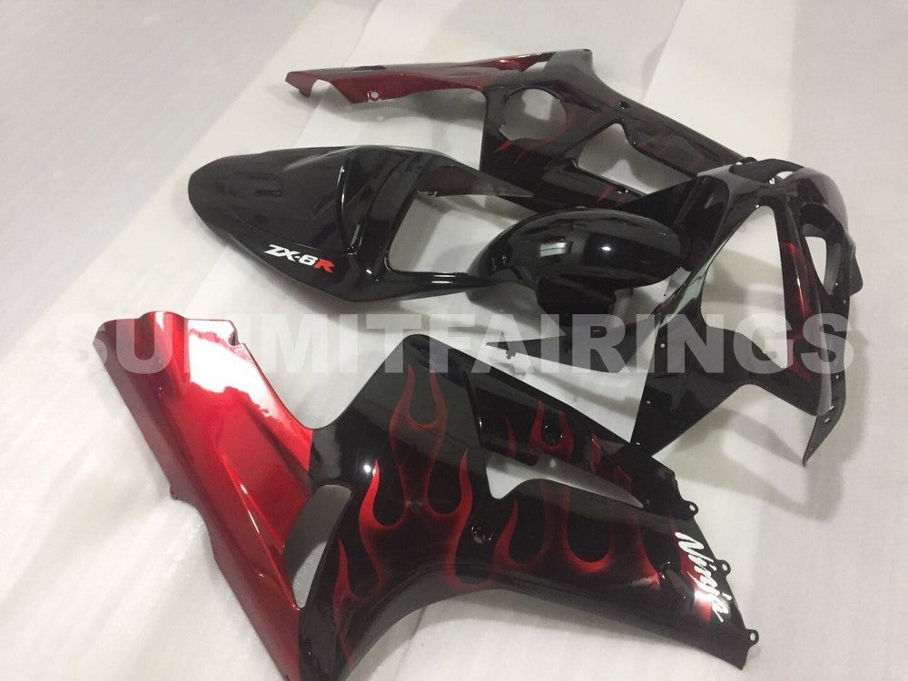 Fairings For Kawasaki ZX6R 636 Black & Red Flame ZX6R (2003-2004)