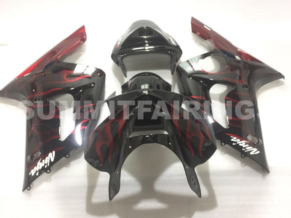 Fairings For Kawasaki ZX6R 636 Black & Red Flame ZX6R (2003-2004)