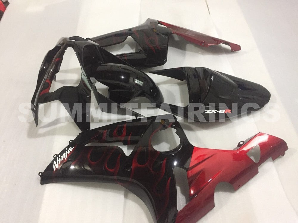 Fairings For Kawasaki ZX6R 636 Black & Red Flame ZX6R (2003-2004)