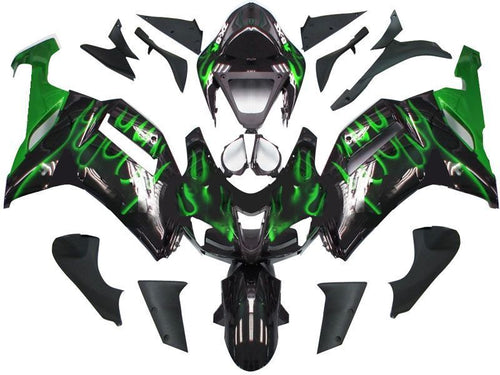 Fairings For Kawasaki ZX6R ZX636 Black & Green Flame Ninja  (2007-2008)