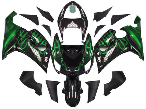 Fairings For Kawasaki ZX6R 636 Black & Green Flame Ninja  (2005-2006)
