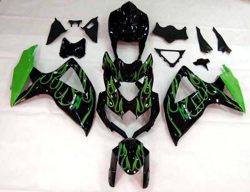 Fairings For Suzuki GSXR 600 750 Black & Green Flame GSXR  (2008-2009-2010)