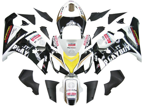 Fairings For Kawasaki ZX6R 636 Black White Yellow Playboy  (2005-2006)