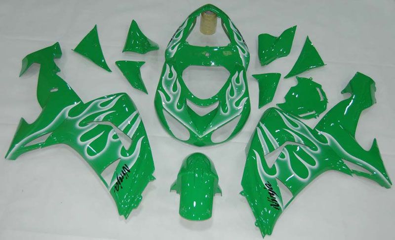 Fairings For Kawasaki ZX 10R Green & White Flame Ninja  (2006-2007)