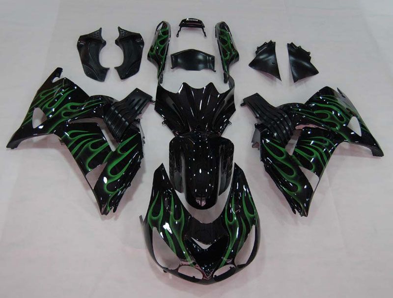 Fairings For Kawasaki ZX14R Black & Green Flame Ninja  (2006-2011)