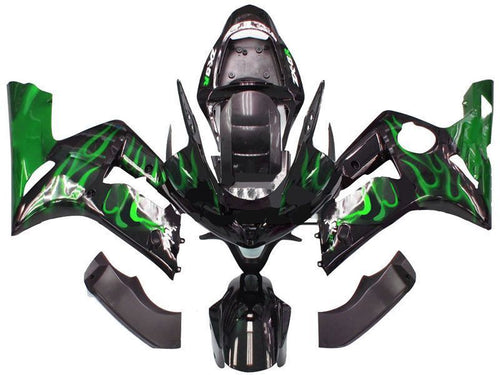 Fairings For Kawasaki ZX6R 636 Black & Green Flame Ninja  (2003-2004)