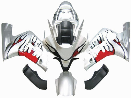 Fairings For Kawasaki ZX6R 636 Silver & Red Flame Ninja  (2003-2004)